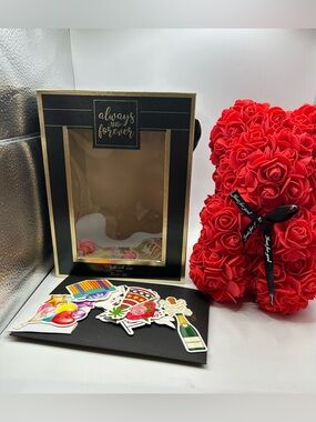 Red Rose Bear with Black Ribbon - Decorative Floral Teddy